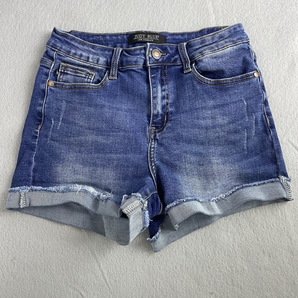 Judy Blue Denim Shorts Womens Size 28 Blue‎ Distressed Frayed Hem Cuffed